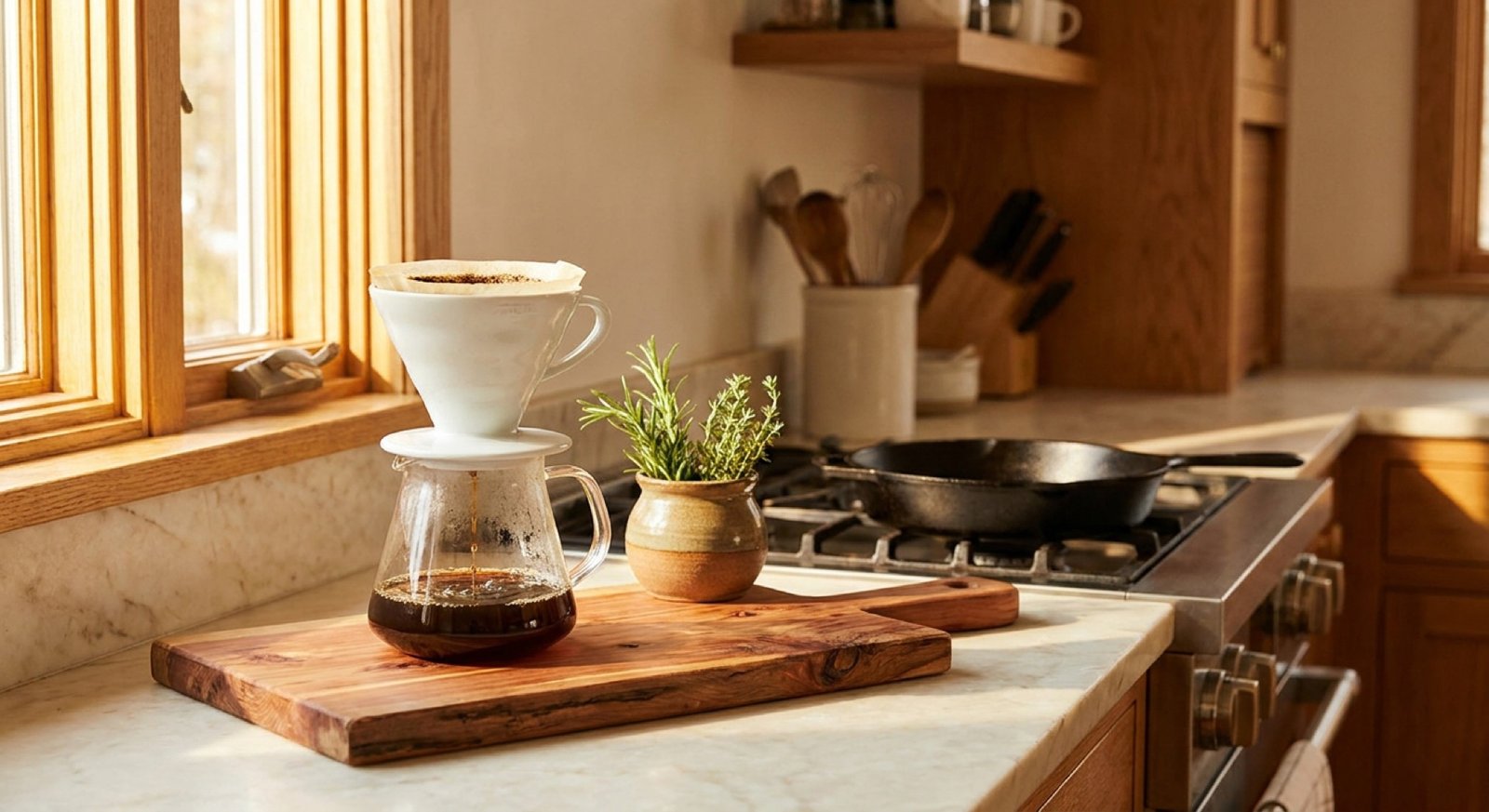 Home goods styled in a warm kitchen setting