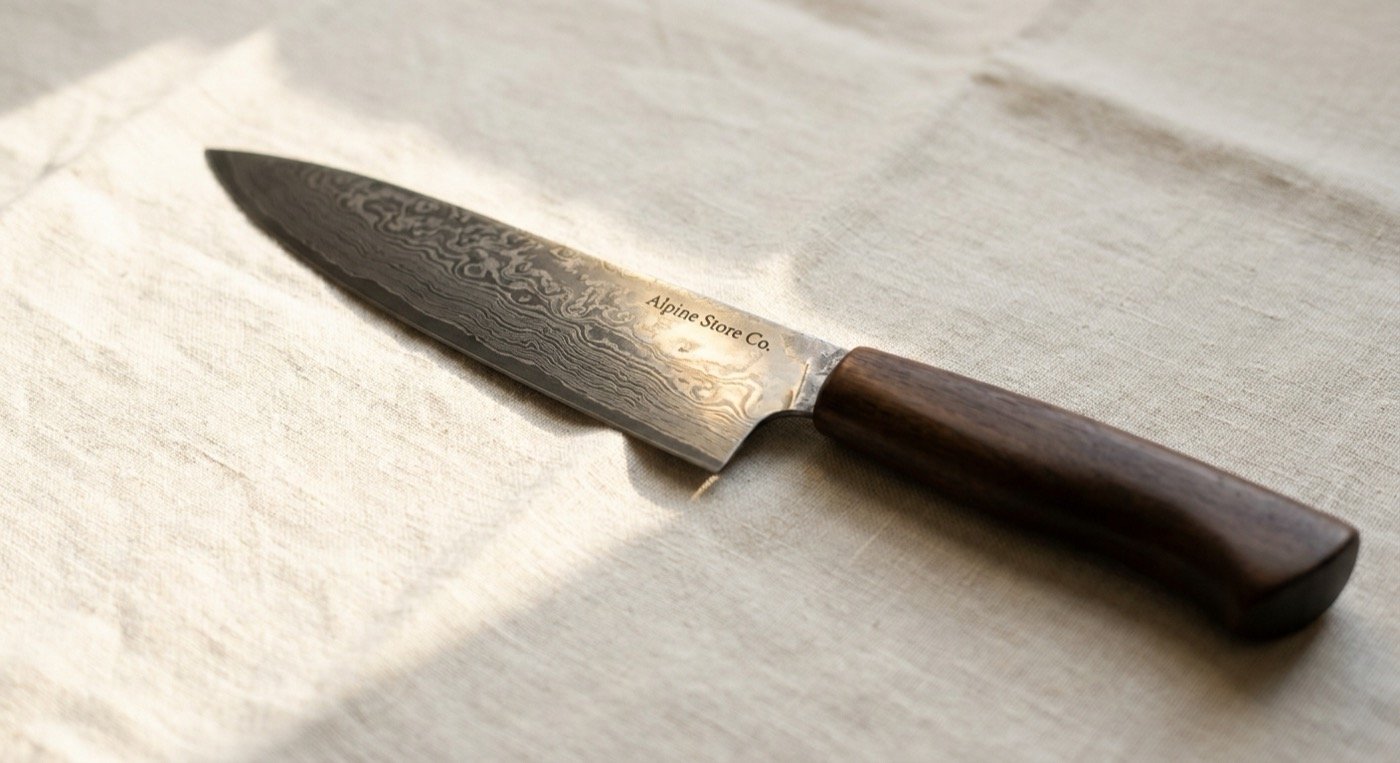 Hand-forged chef knife on walnut cutting board